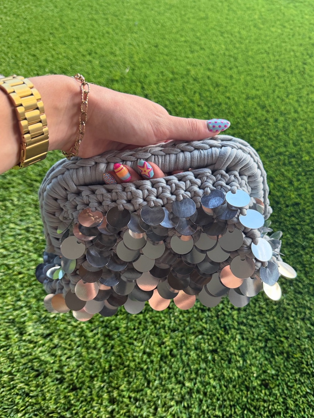 Silver/Grey Handmade Crochet Sequin Clutch | Sparkly Evening Bag | One-of-a-Kind